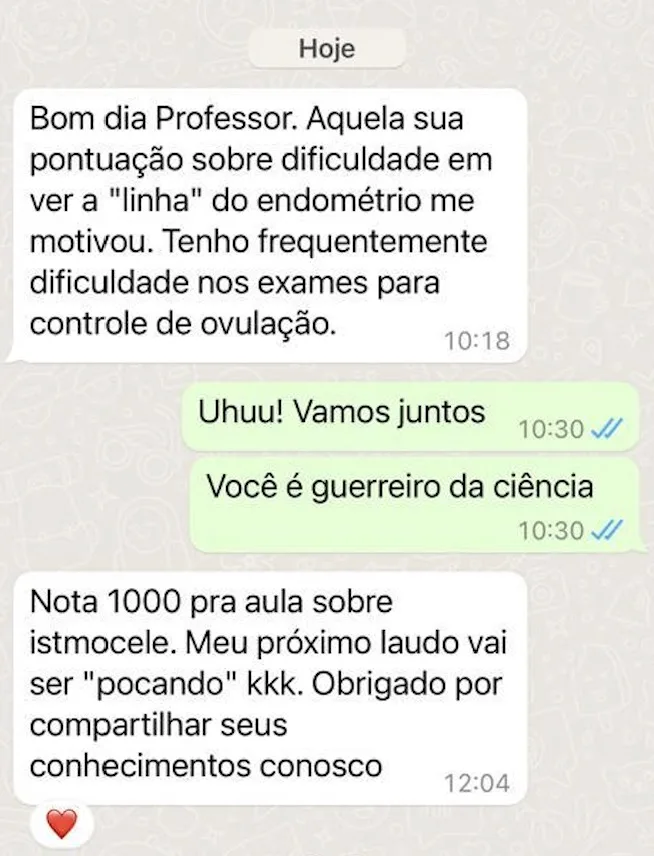 Print de WhatsApp: aluno agradece aula sobre istmocele e dificuldade em ver a linha do endométrio