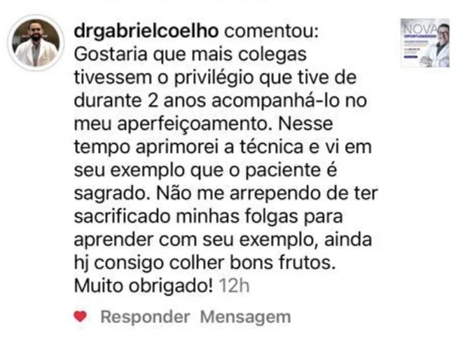 Comentário no Instagram do Dr. Gabriel Coelho: 2 anos acompanhando o Dr. Kleber no aperfeiçoamento