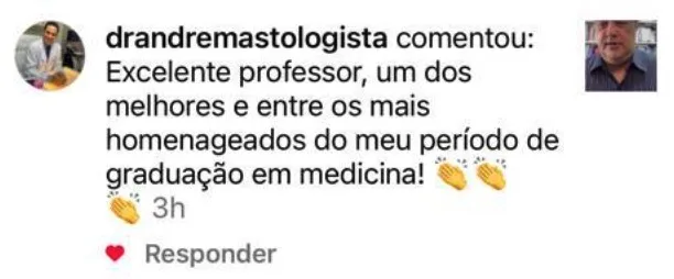 Comentário no Instagram do Dr. André, mastologista, sobre a formação com o Dr. Kleber