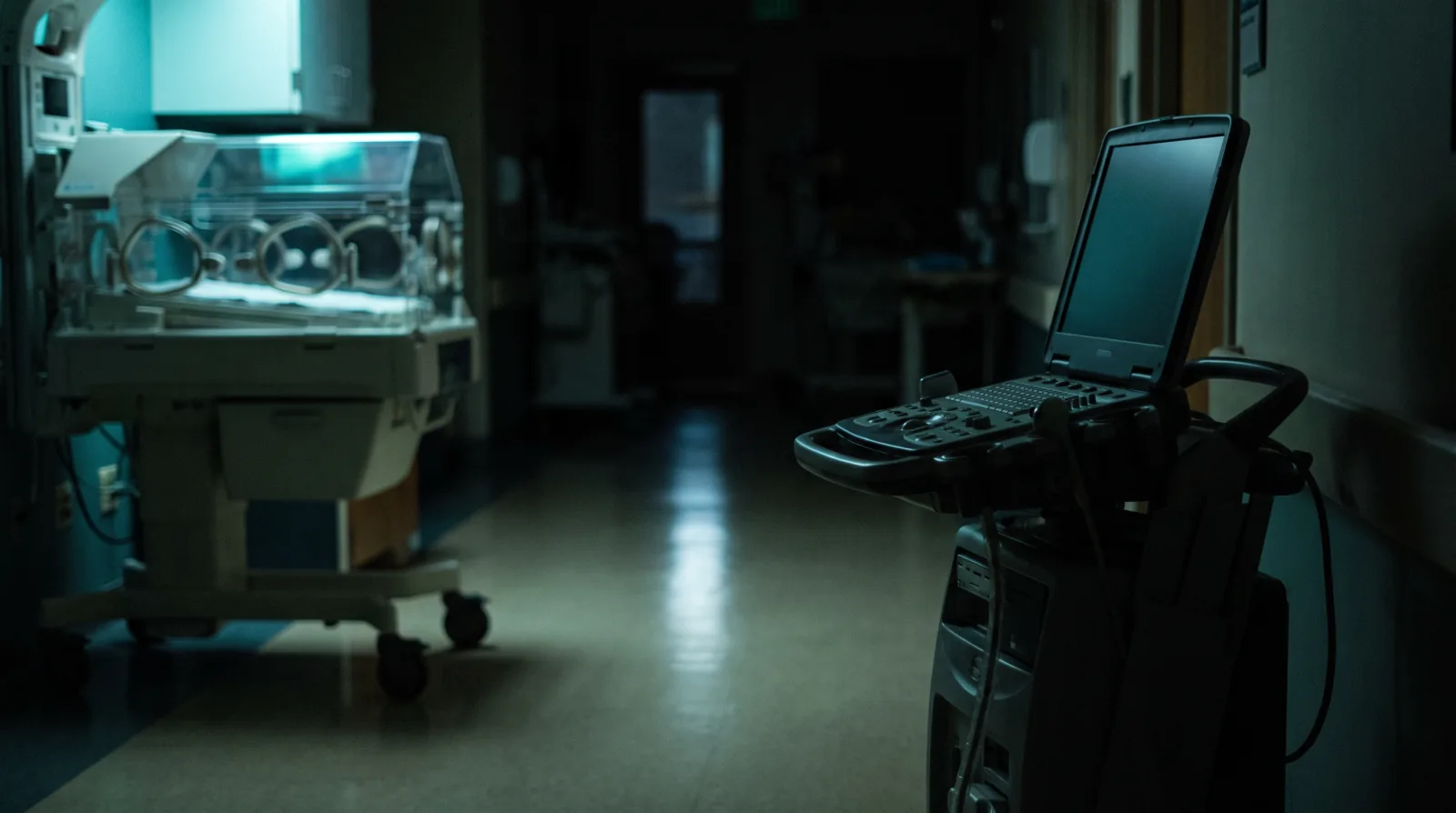 Aparelho de ultrassom parado ao lado de uma incubadora, no corredor de uma UTI neonatal em penumbra