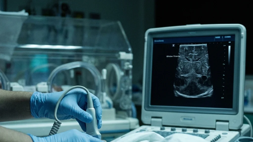 Medico realizando ultrassonografia transfontanelar em UTI neonatal, com o monitor exibindo a imagem cerebral